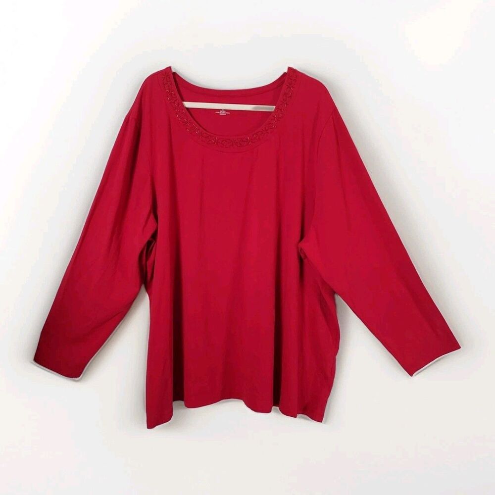 Catherines Womens Red Long Sleeve Top Beaded Scoop Neck Plus Size 4X 30/32